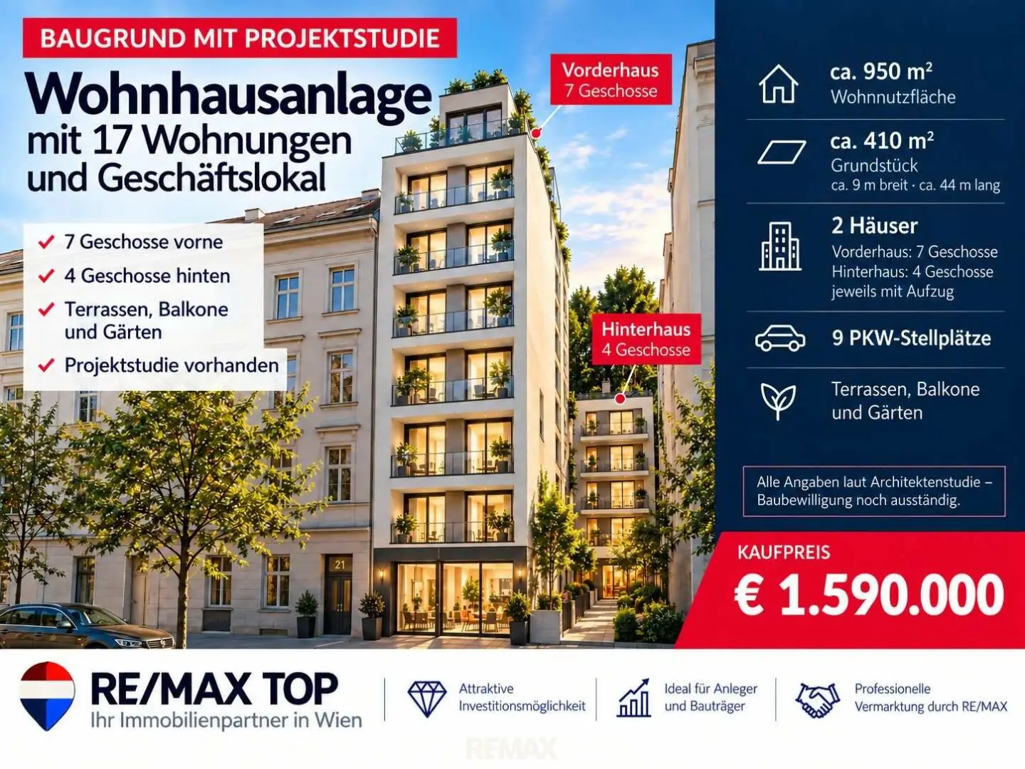 Geplante Wohnhausanlage mit 17 Wohnungen + Geschäftslokal in 1120 Wien