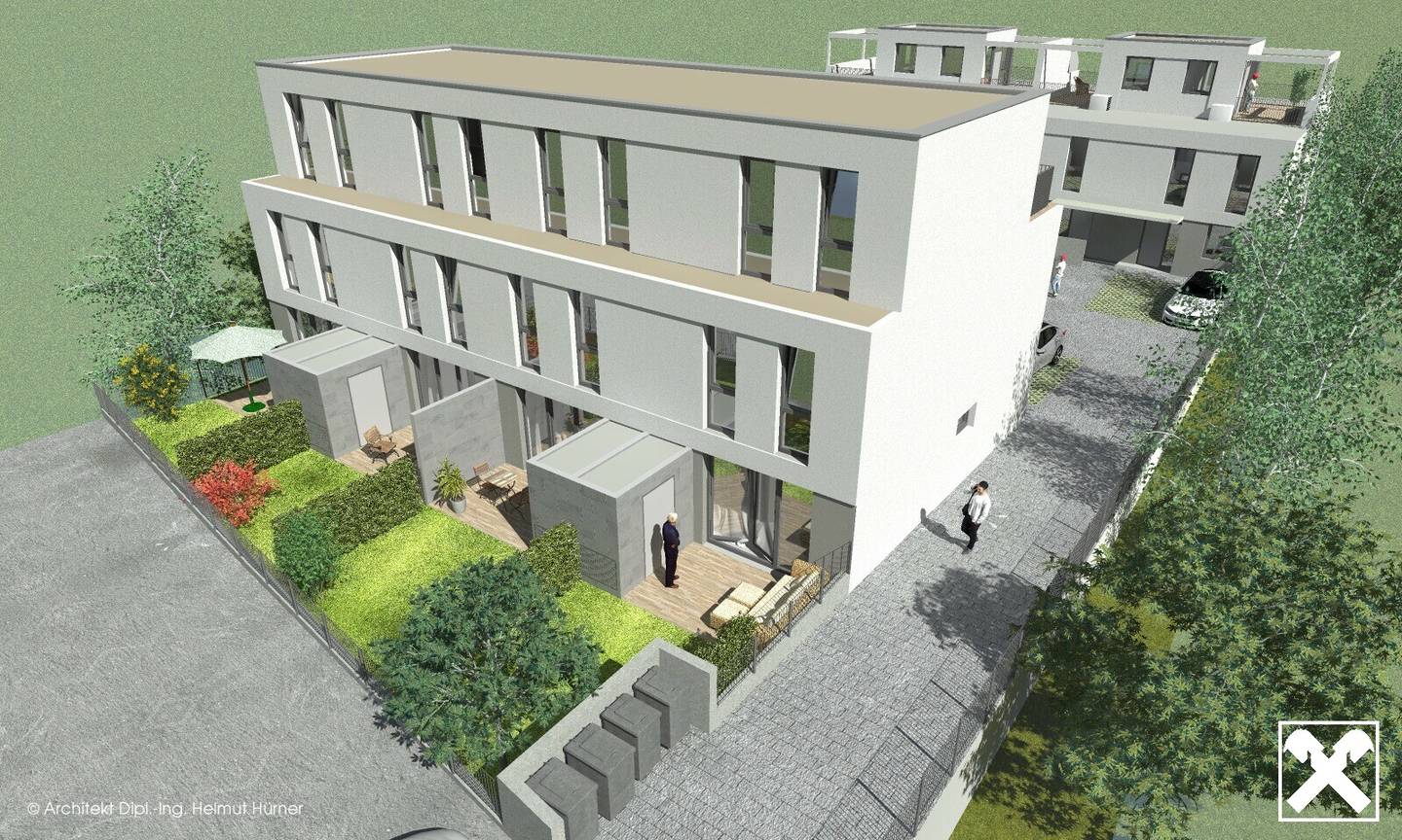 PROVISIONSFREIE BAUTRÄGERLIEGENSCHAFT - TRAUMGRUNDSTÜCK INKL. PROJEKTPLANUNG MIT BAUGENEHMIGUNG FÜR 8 REIHENHÄUSER MIT TERRASSEN UND EIGENGÄRTEN - SHAREDEAL MÖGLICH