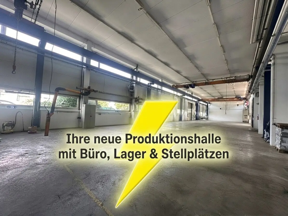 Centrally located production hall with 3 cranes, large roll-up doors, storage rooms, office and outdoor area