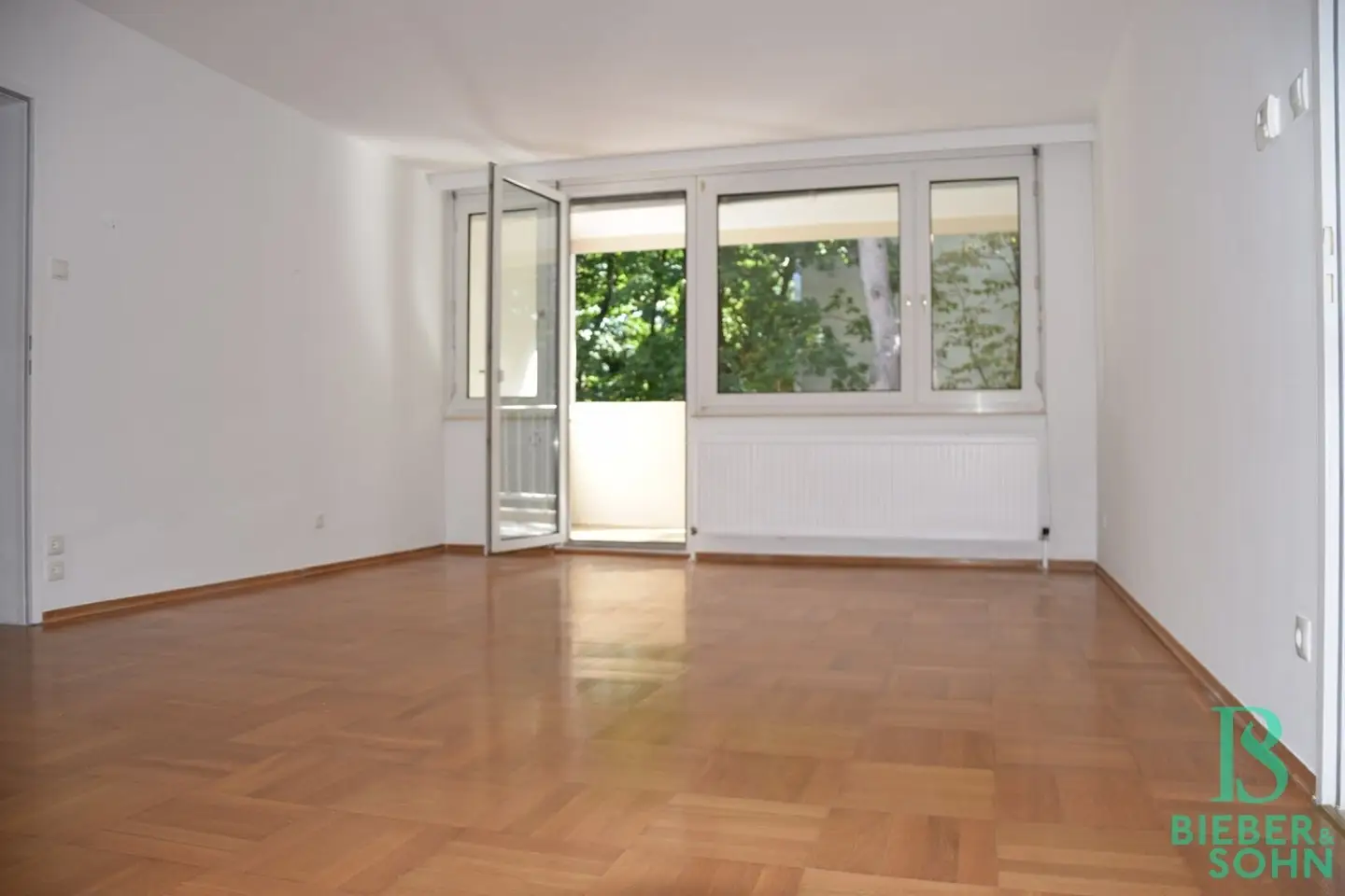 Spacious top renovated apartment with loggia and garage parking space and view of greenery