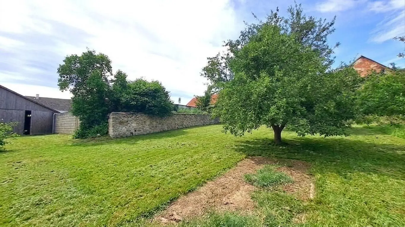kleines Stadthaus mit großen Nebengebäuden und Obstgarten