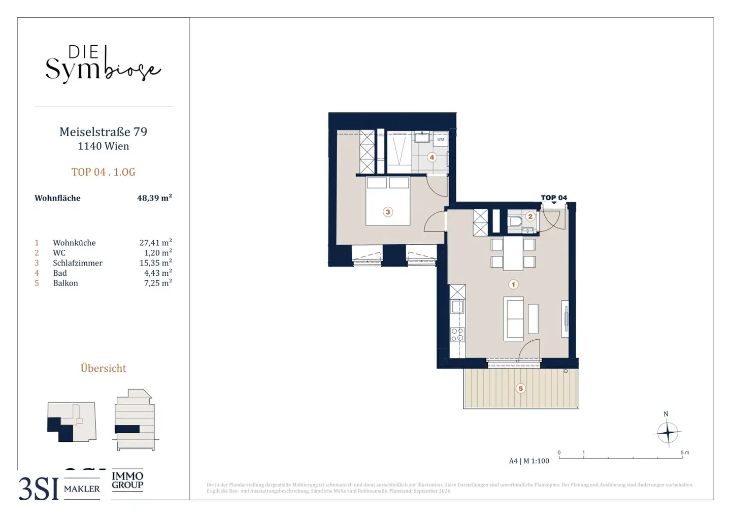 Die Symbiose: Green view - courtyard-facing 2-room apartment with balcony