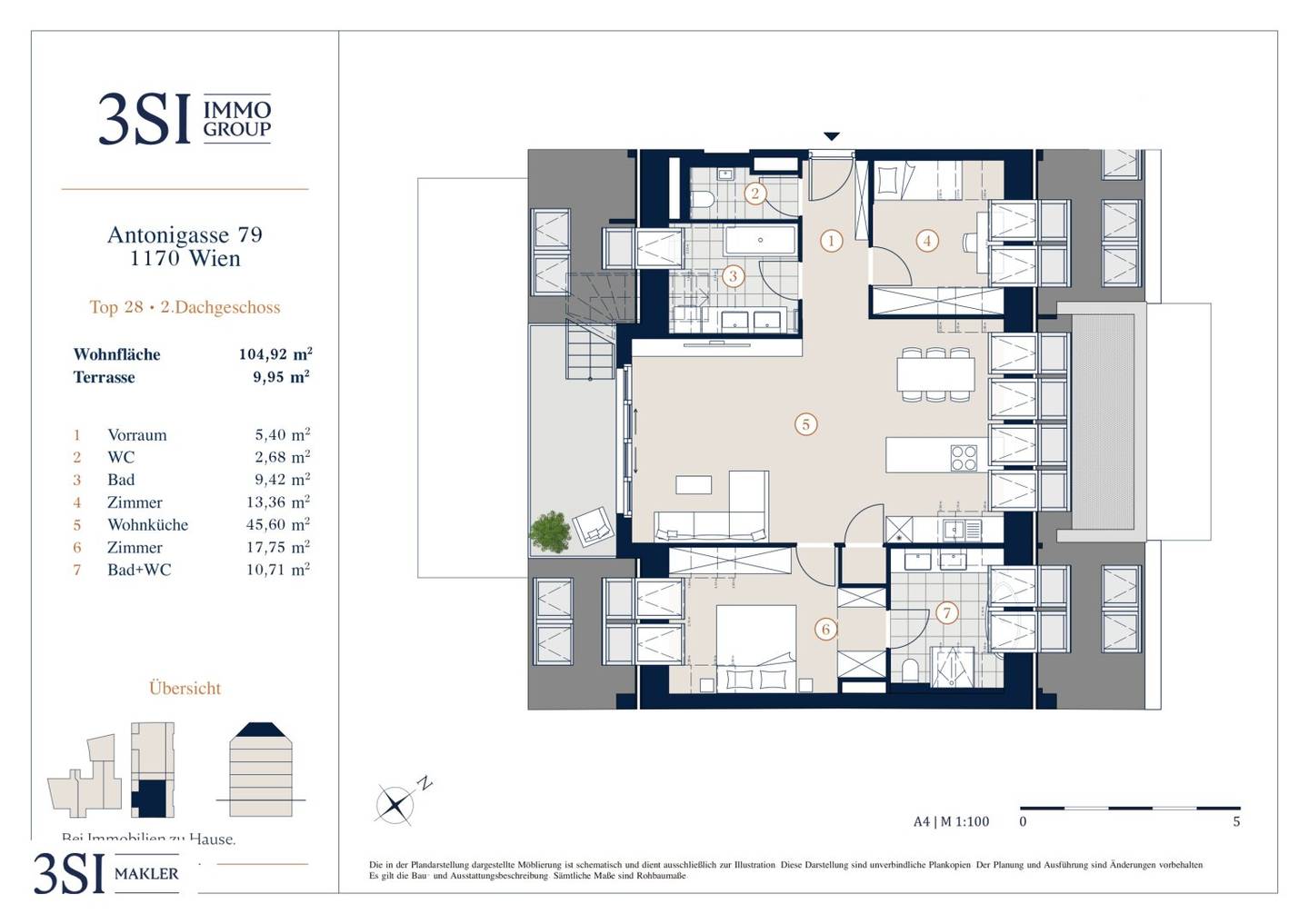 Top floor apartment with roof terrace southwest facing