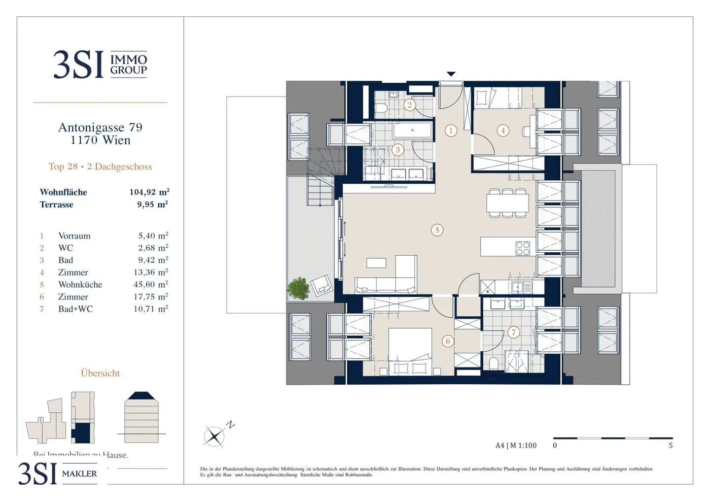 Top floor apartment with roof terrace southwest facing