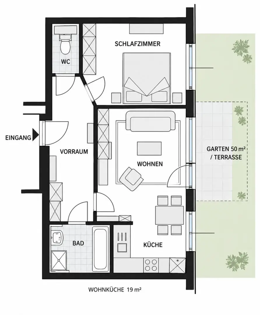 Charming 2-room garden apartment with underground parking space in a quiet location