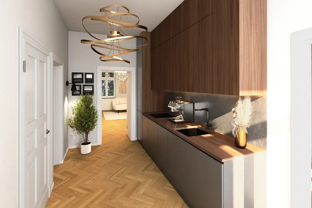 Renovated apartment with herringbone oak and high ceilings