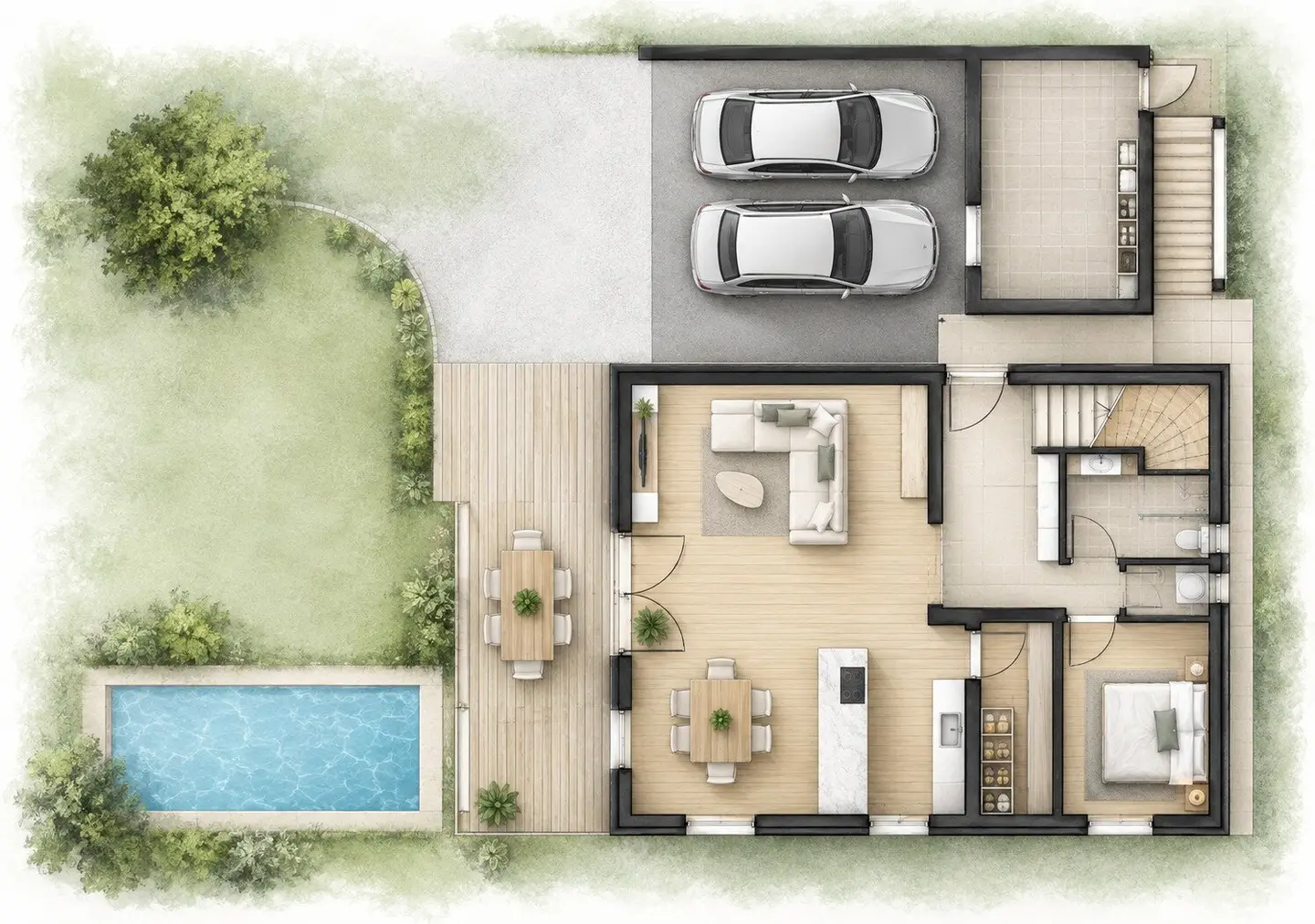 New building project with terrace, double carport and room for customization
