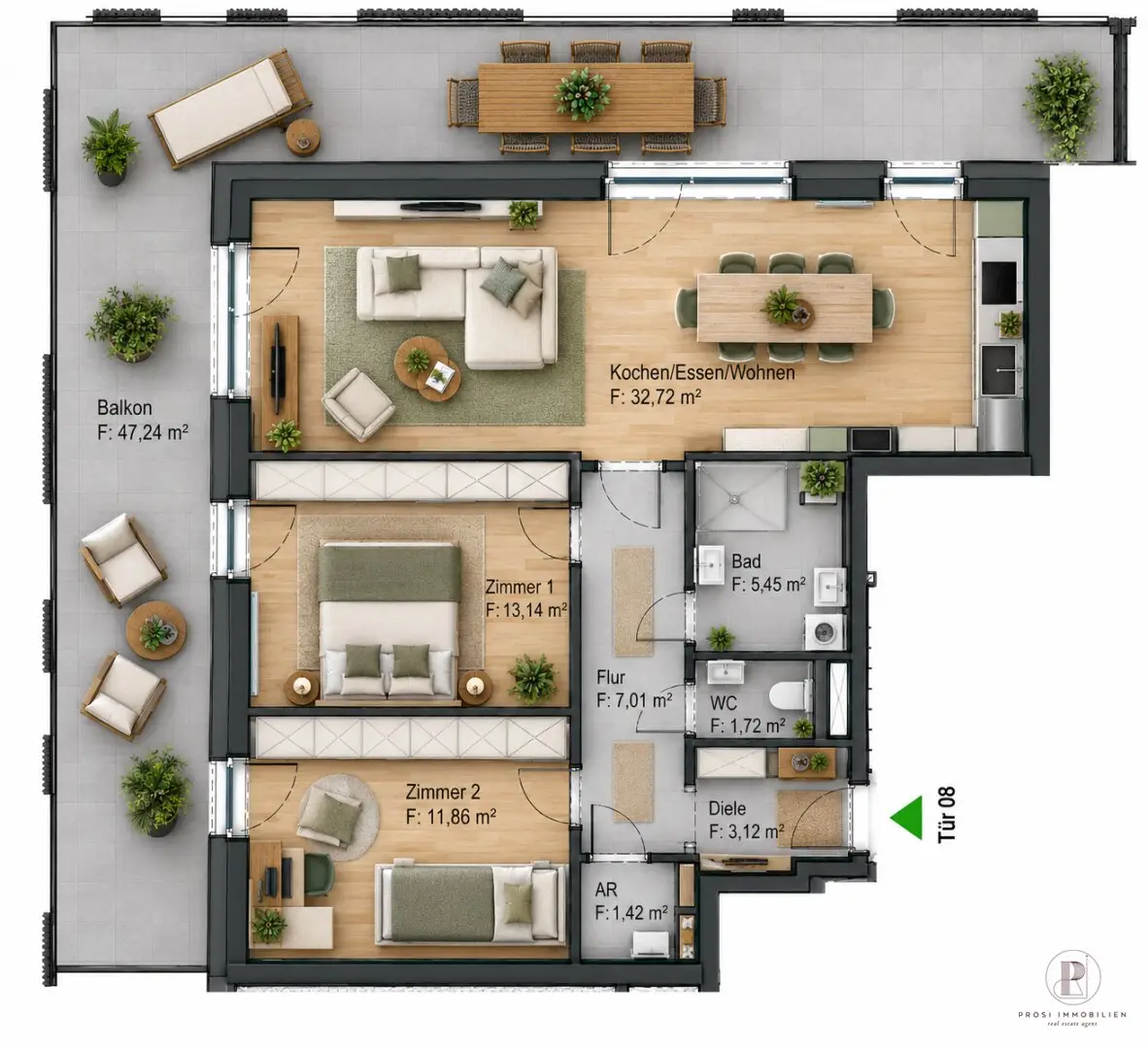 76m² bright 3-room apartment including kitchen and balcony with view of Reininghauspark - Graz