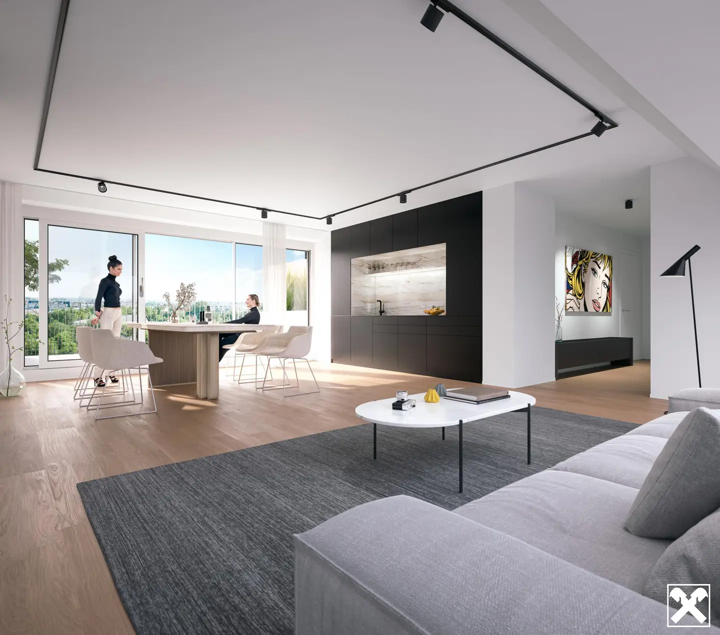 Apartment with large windows and district heating