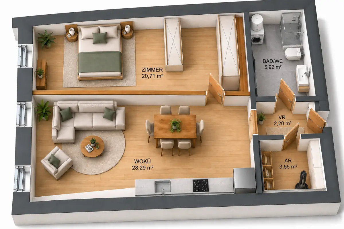 Zentral gelegene Wohnung mit Garagenplatz und Einbauküche