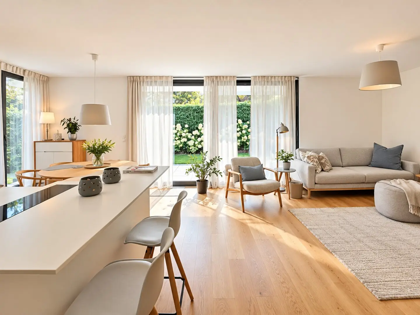 Wohnesszimmer mit Ausgang in den Garten und auf eine große überdachte Terrasse