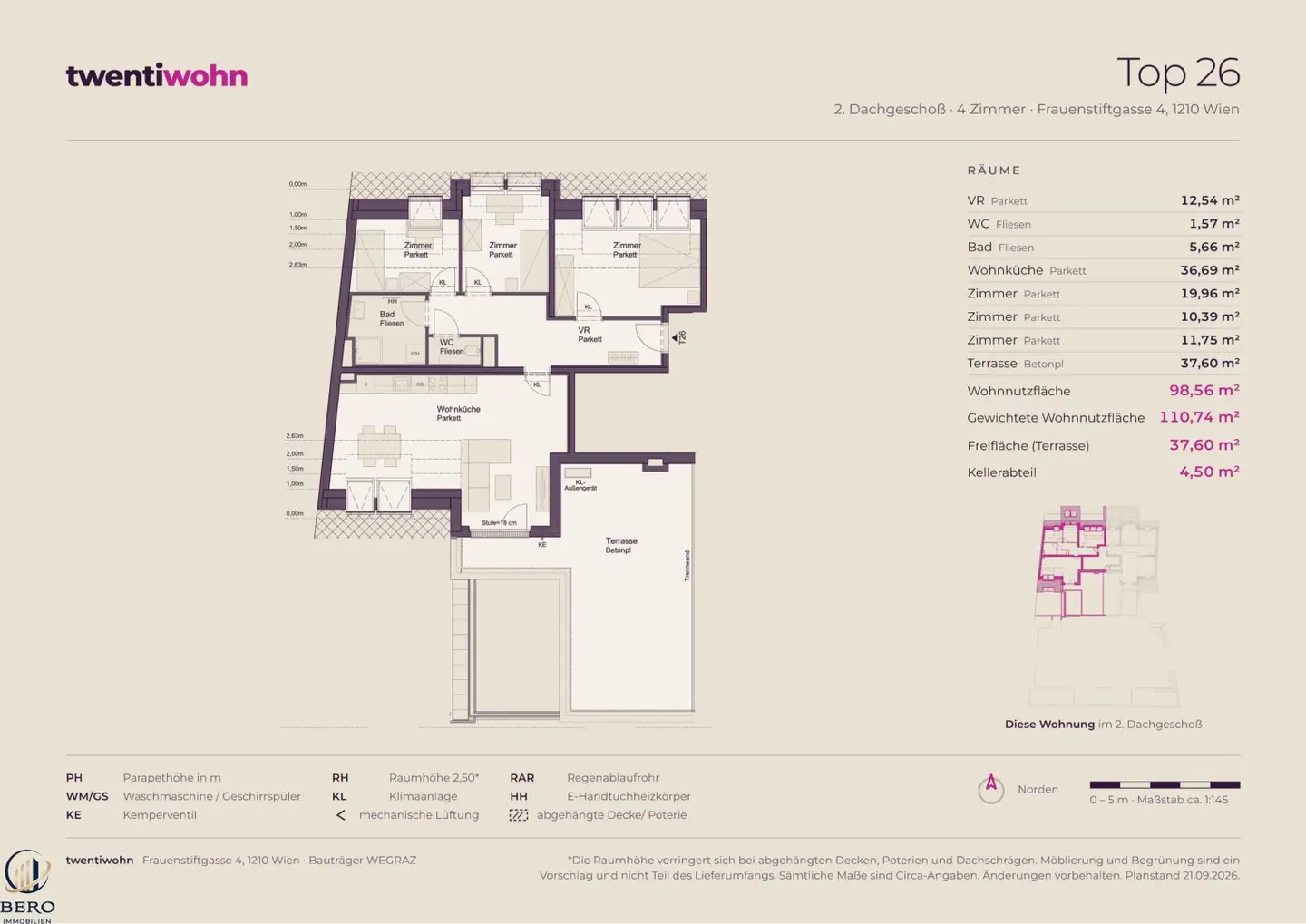 Top 26 on 1st attic floor with 4 rooms and terrace New build first occupancy commission free