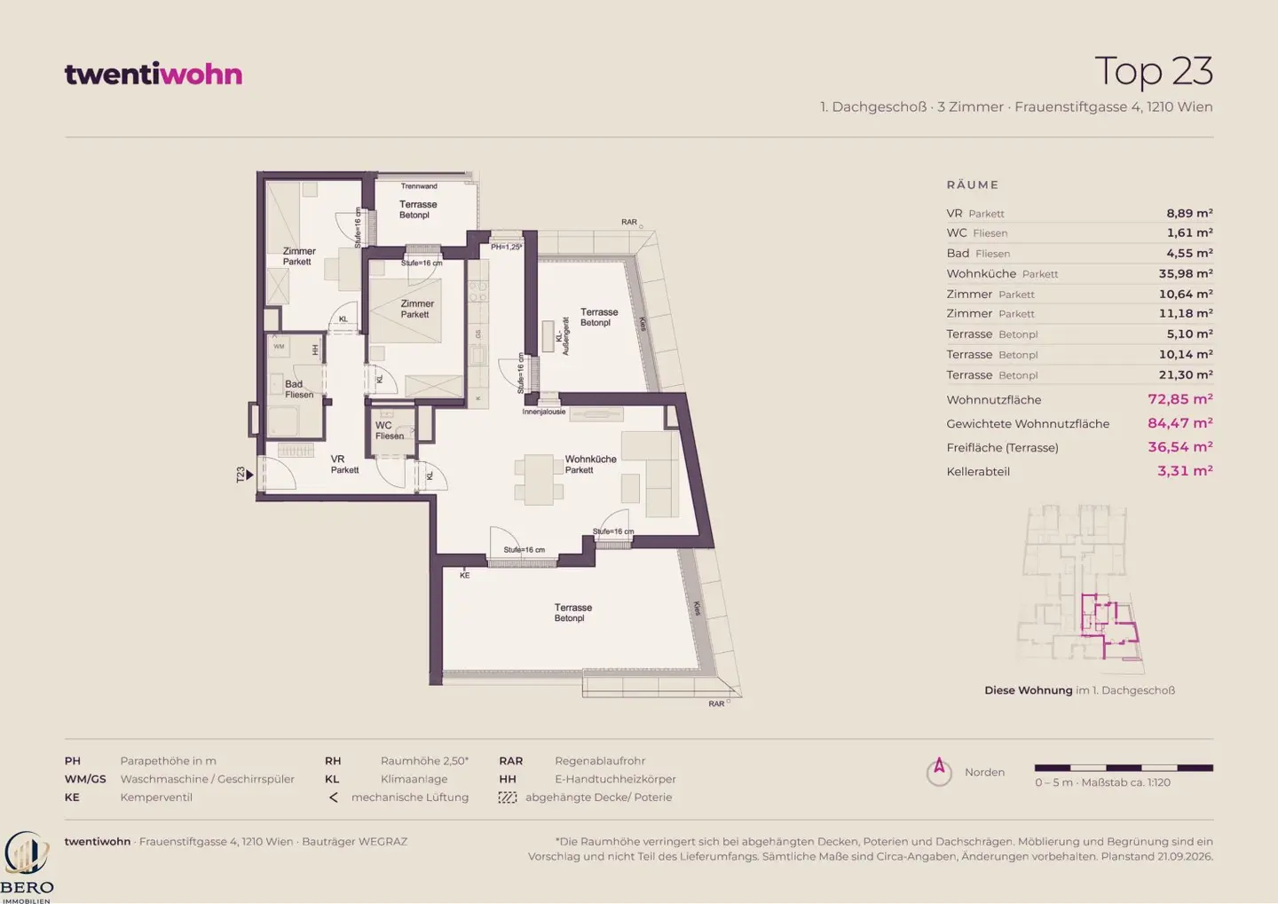 Top 23 on 1st Attic Floor with 3 Rooms and 3 Terraces - New Build First Occupancy, commission free