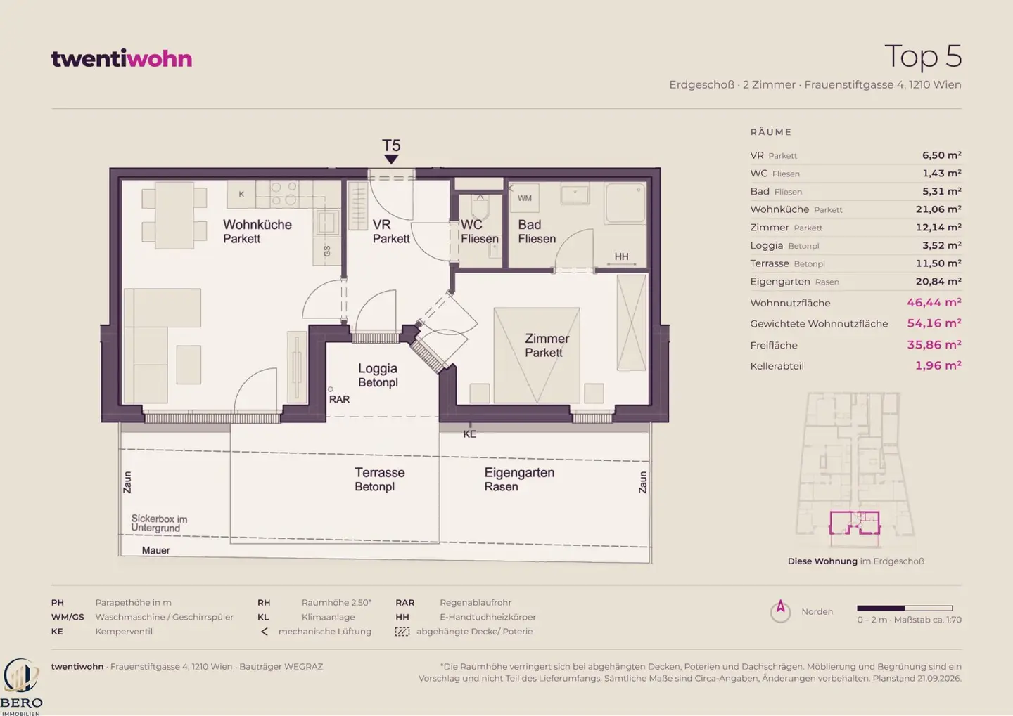Top 5 on ground floor with 2 rooms, garden, terrace and loggia, new build first occupancy, low energy, commission free