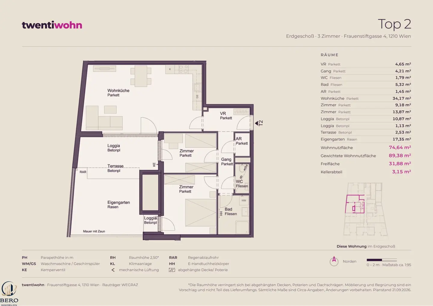 Top 2 on the ground floor with 3 rooms, garden, terrace and loggia - new build first occupancy, low energy - commission free