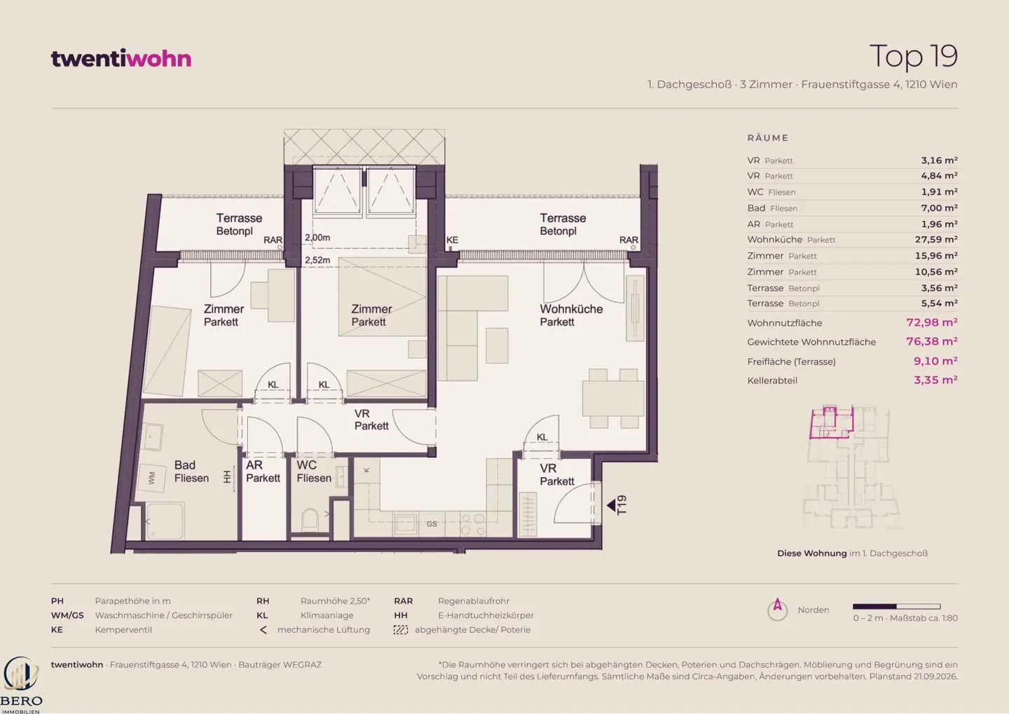 Top 19 on the 1st attic floor with 3 rooms and 2 terraces - new build first occupancy, commission-free