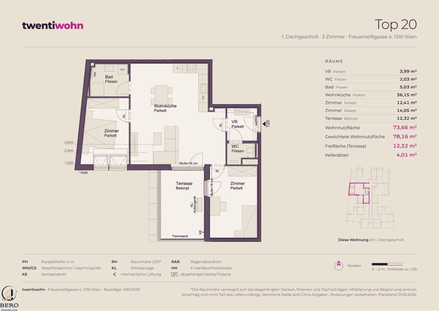 Top 20 on the 1st attic floor with 3 rooms and terrace - New build first occupancy, commission free