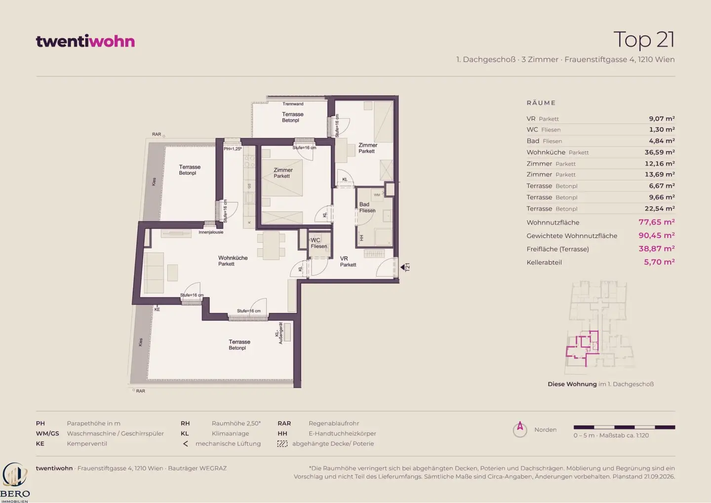 Top 21 on the 1st attic floor with 3 rooms and 3 terraces - New build first occupancy, commission free