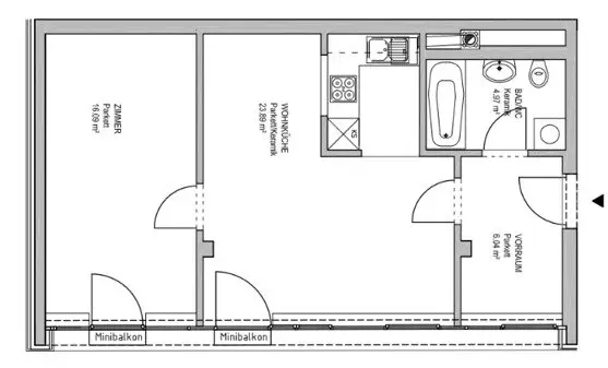 INNSTRASSE, 51 m2 new build with standing balcony, 2 rooms, fitted kitchen, bathtub, parquet, 3rd floor with elevator