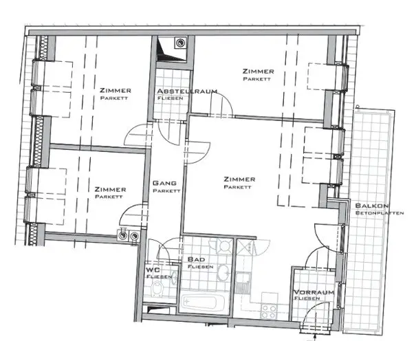 HARDTMUTHGASSE, well maintained 95 m2 attic with 10 m2 balcony, living kitchen, 3 rooms, bathtub, parquet, suitable for flatshare