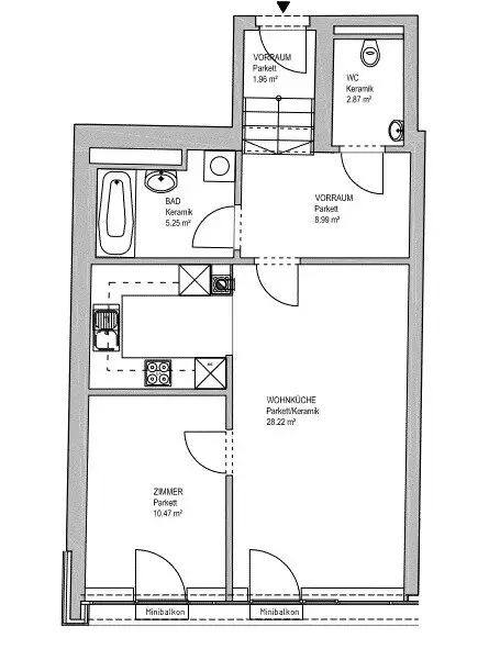 INNSTRASSE, 58 m2 period building, 2 rooms, complete kitchen, bathroom with bathtub, parquet floors, subsidized