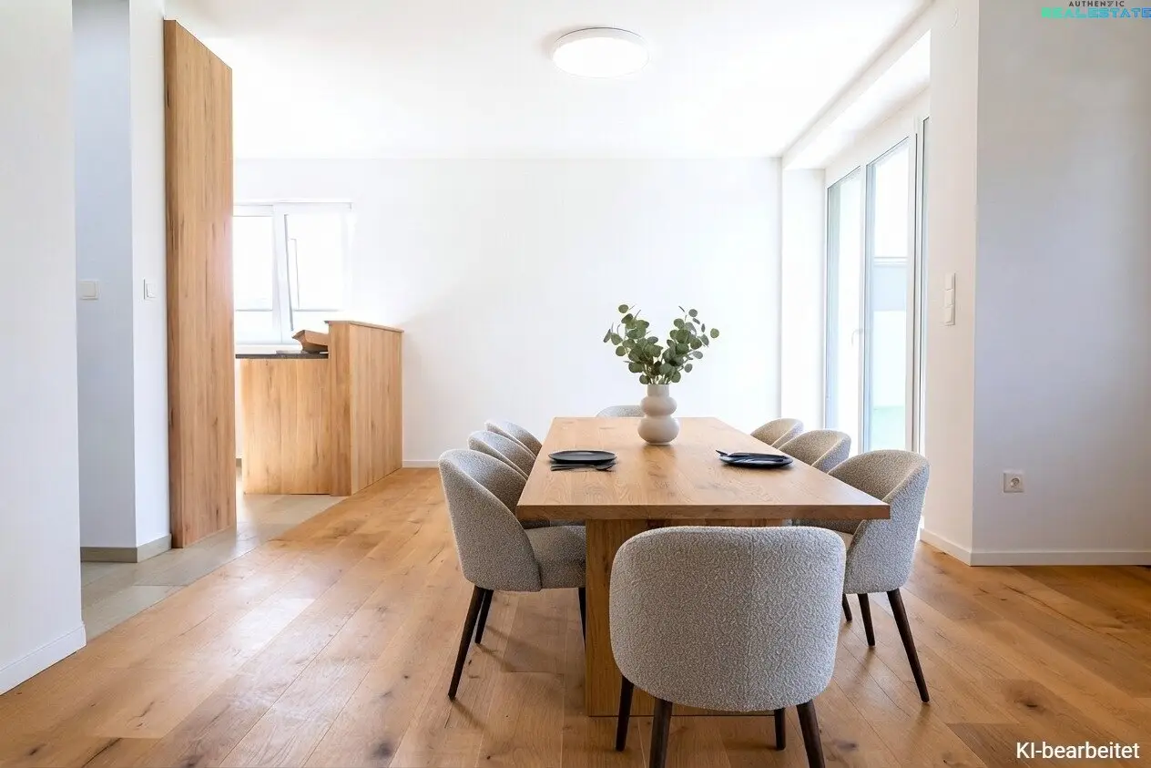 Modern first occupancy with distant view: Turnkey low-energy house including bespoke joiner kitchen and PV system.