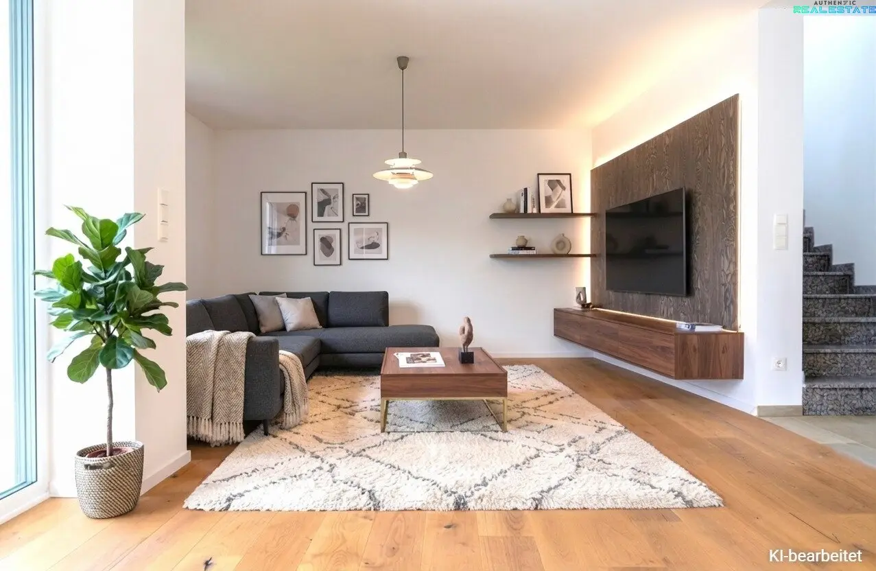 Modern first occupancy with distant view: Turnkey low-energy house including bespoke joiner kitchen and PV system.