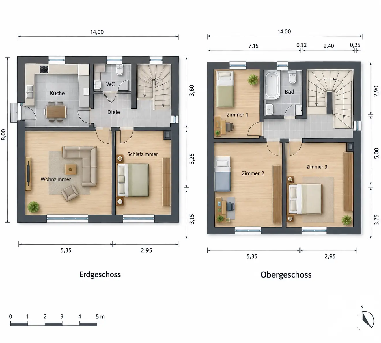Architekturgrundriss mit Erd- und Obergeschoss
