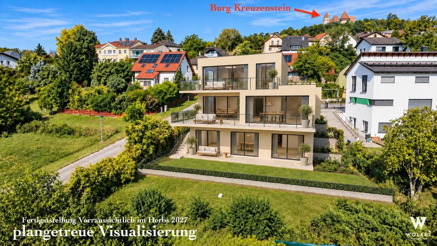 **SCHLÜSSFERTIGER** Erstbezug in Hanglage von Leobendorf – Ihre Villa mit Weitblick bis Wien und Raum für eigene Wohnideen I Lift I Nähe Burg Kreuzenstein