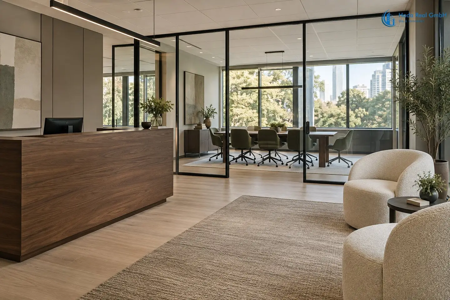 Studio Park – Büro mit Glasräumen und Blick ins Grüne