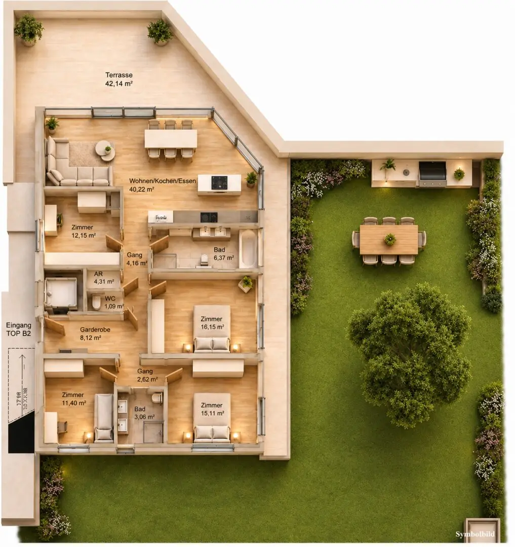 B 2 | Hochklassige Wohneinheit im Erdgeschoss mit 129m² + 246m² Garten und 60m² Terrassenfläche - Luxuriöses Wohnprojekt in Aldrans