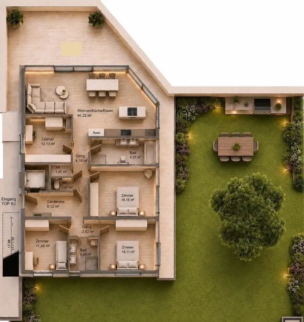 B 2 | High-class residential unit on the ground floor with 129m² + 246m² garden and 60m² terrace area - Luxurious residential project in Aldrans