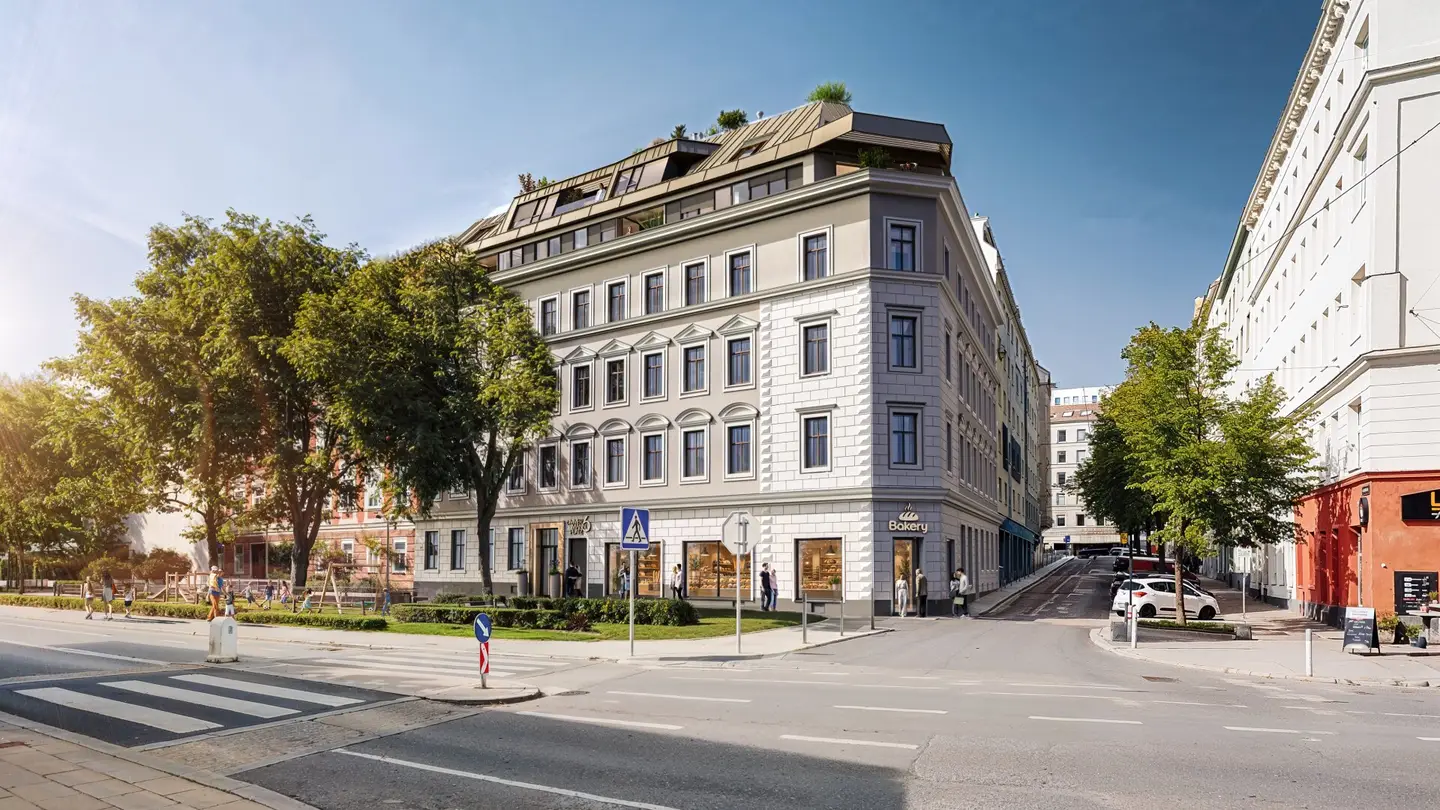 Zimmermannplatz 6 : Eckwohnung im 1. Dachgeschoß mit Terrasse, 2 Schlafzimmern und zwei Bädern