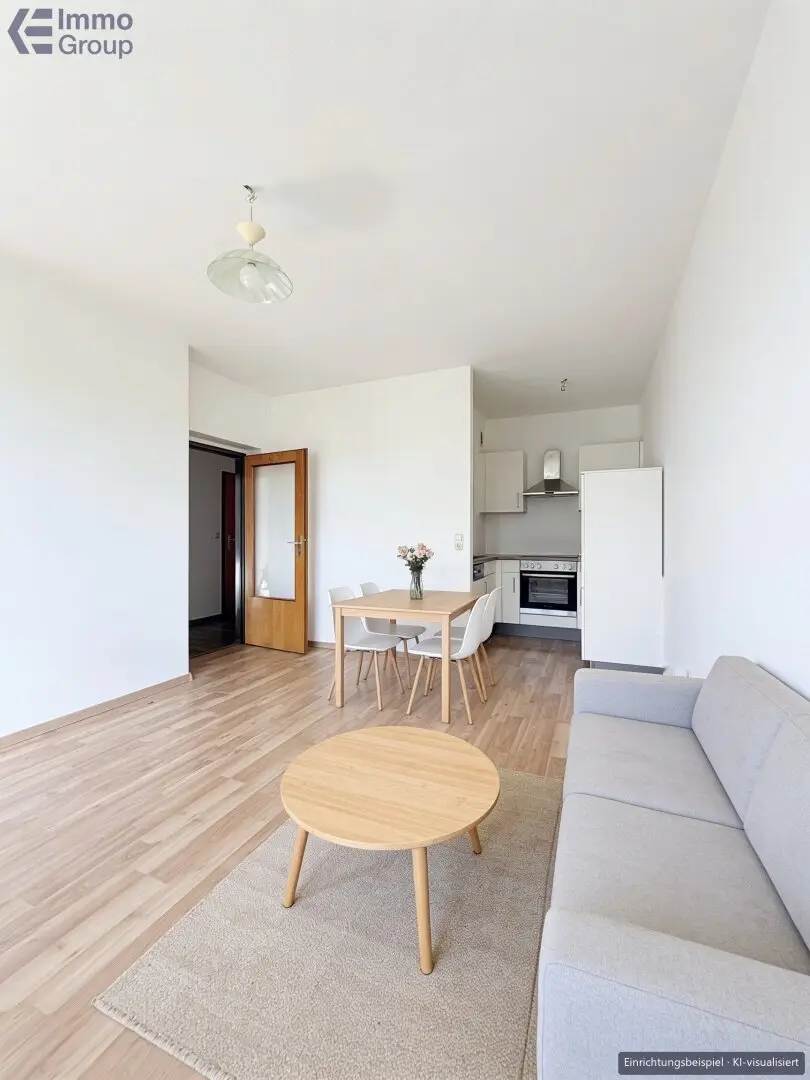 Wohnzimmer mit Küche, Einrichtungsbeispiel KI-visualisiert