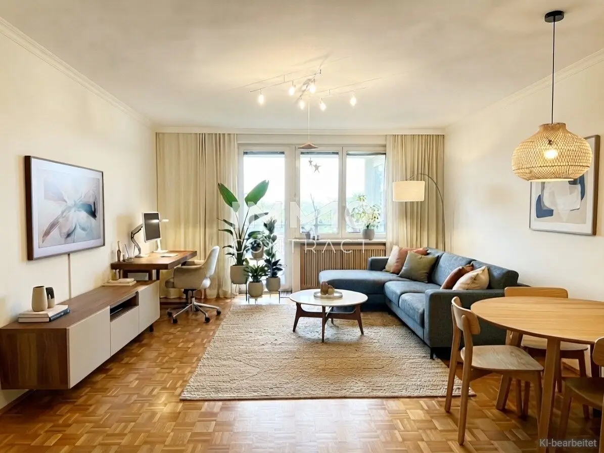 Wohnzimmer mit S-Loggia, KI-Möbel