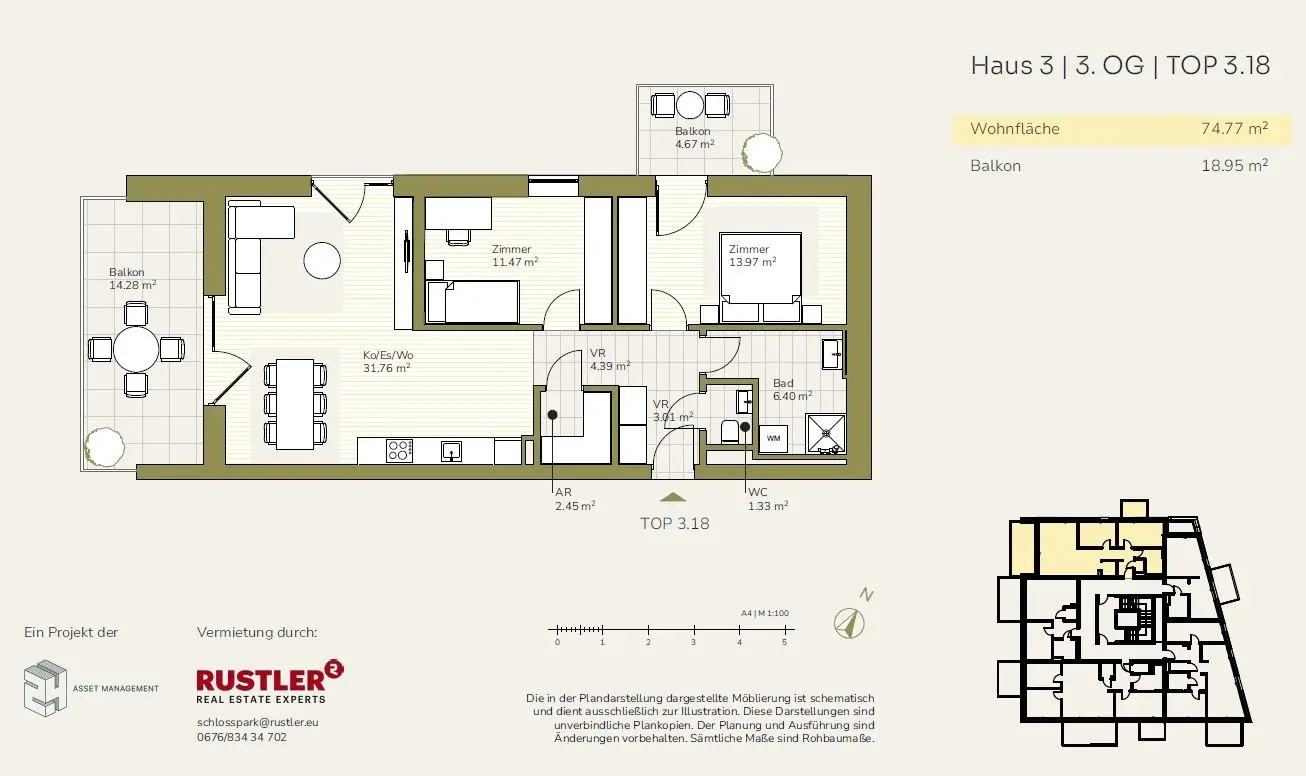 Wohnung mit zwei Balkonen und innovativer Betonkernaktivierung