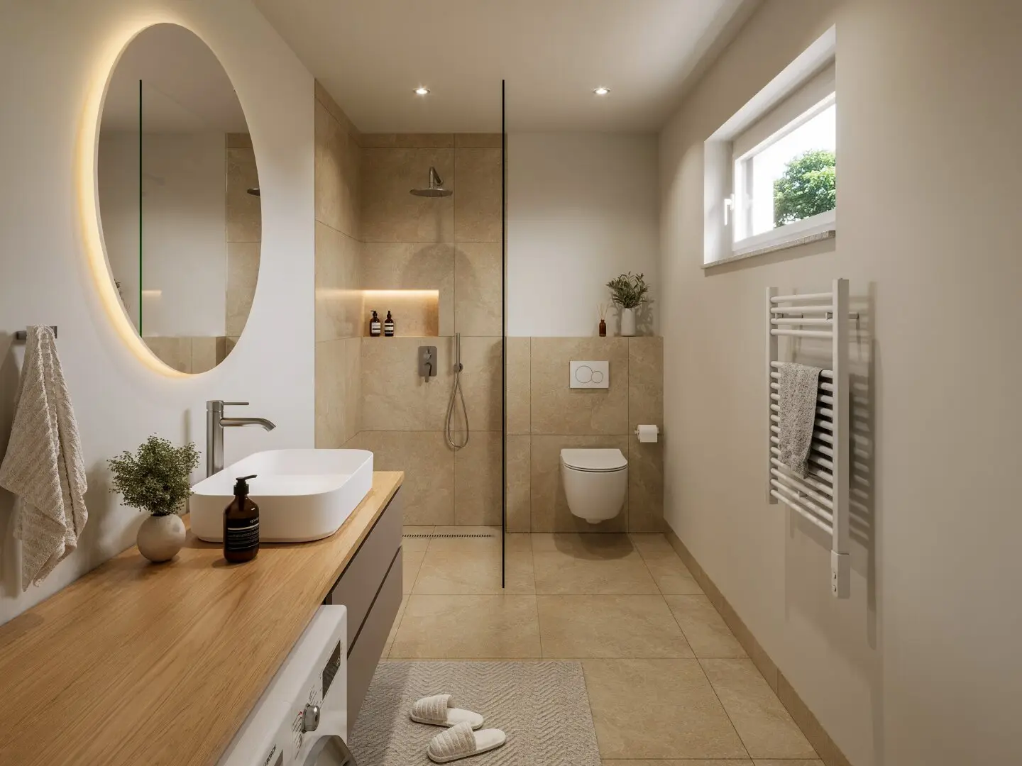 Badezimmer mit Fenster und ebenerdiger Dusche