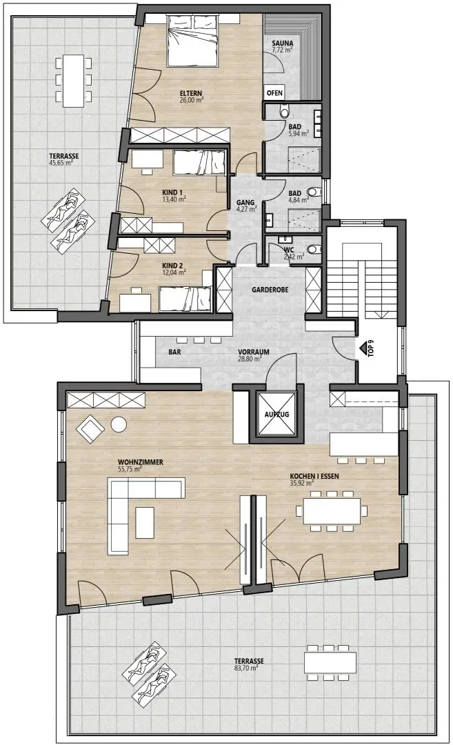 Penthouse mit Dachterrassen und Privatlift