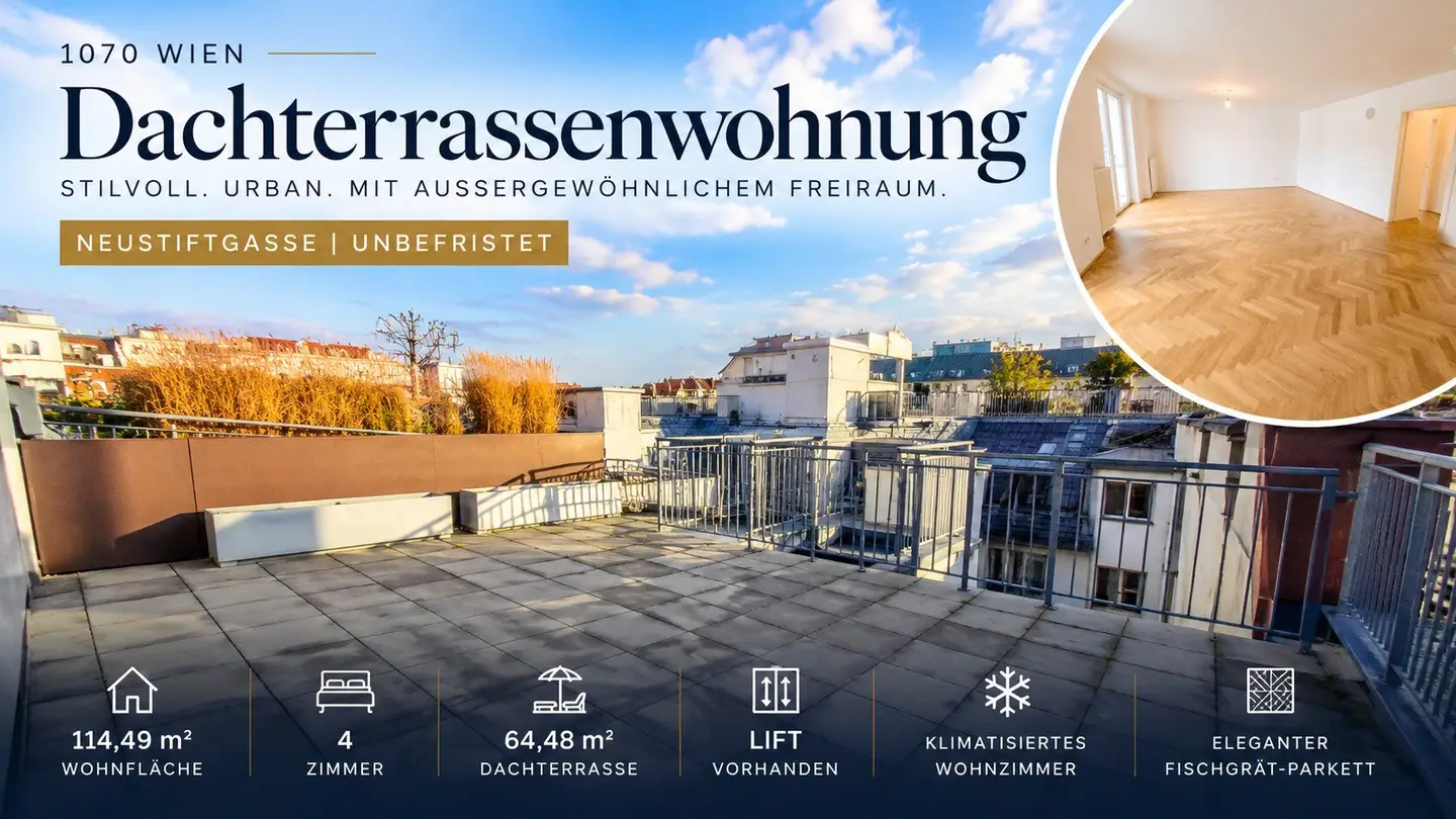 Stylish roof terrace apartment in the Neustiftgasse – 4 rooms, 64 m² roof terrace and open-ended rental