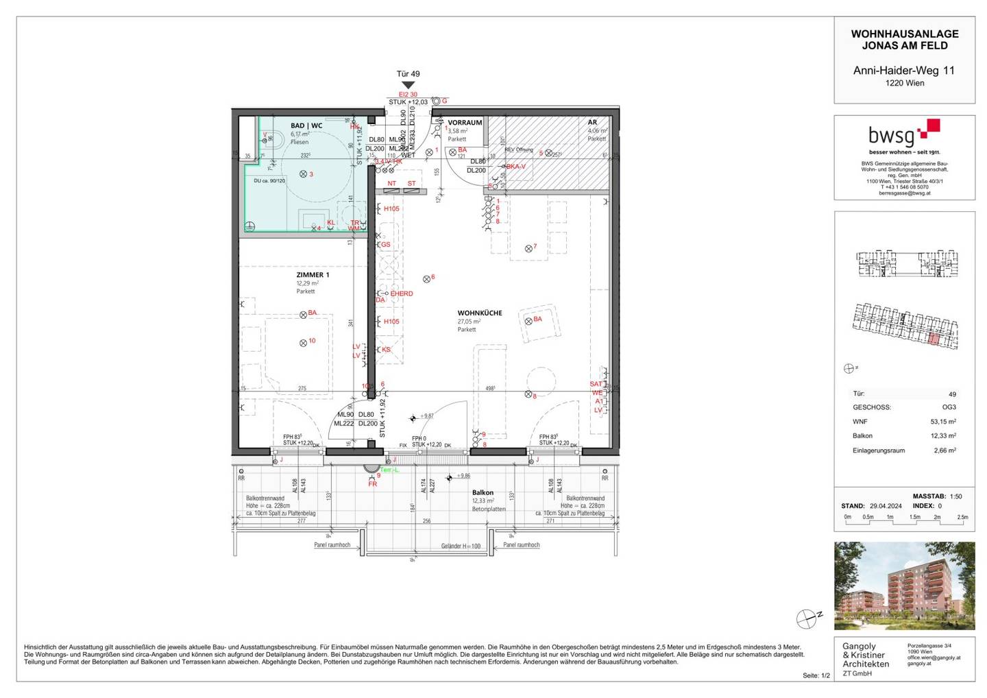 2-Zimmer-Wohnung in Wien 1220 mit 53 m², Balkon 12 m², Neubau