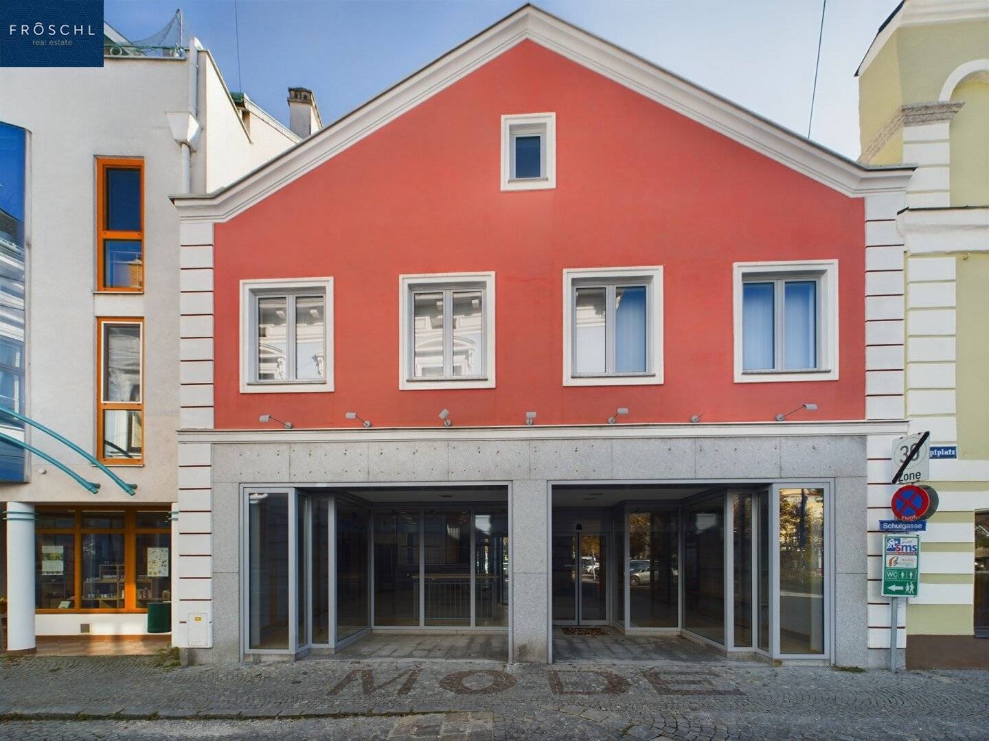 Commercial building on main square near Hundertwasser fountain