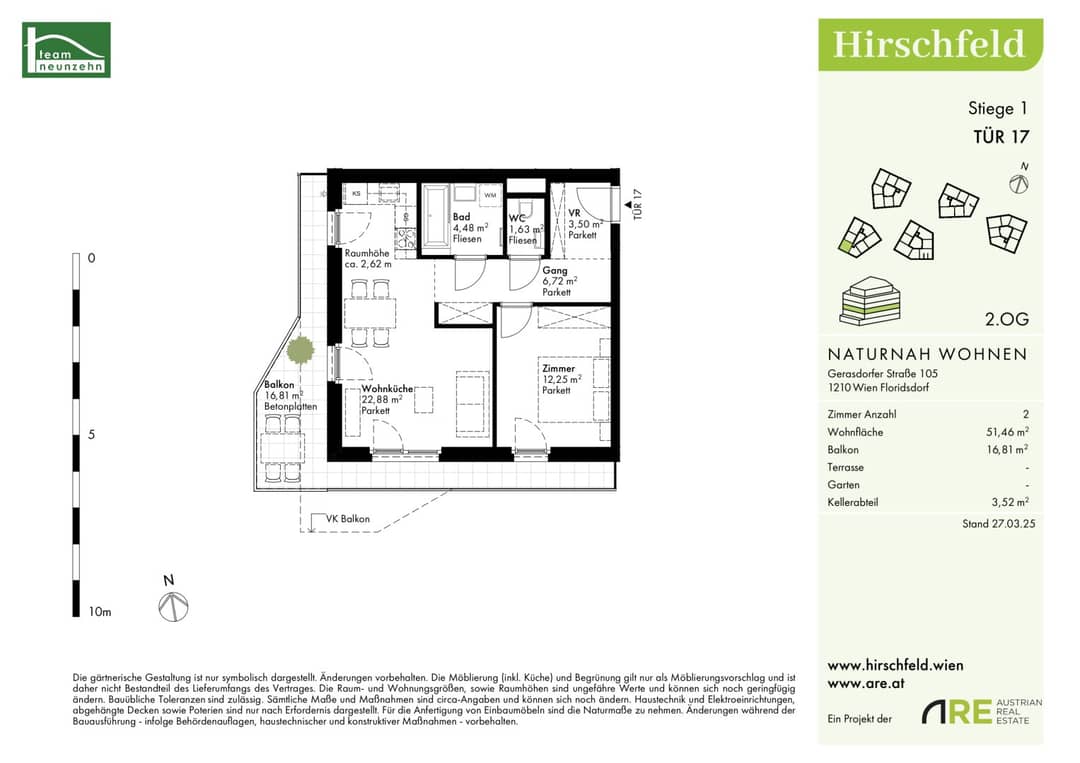 Hirschfeld – Nature-near living: 2-room apartment with balcony in Vienna 21