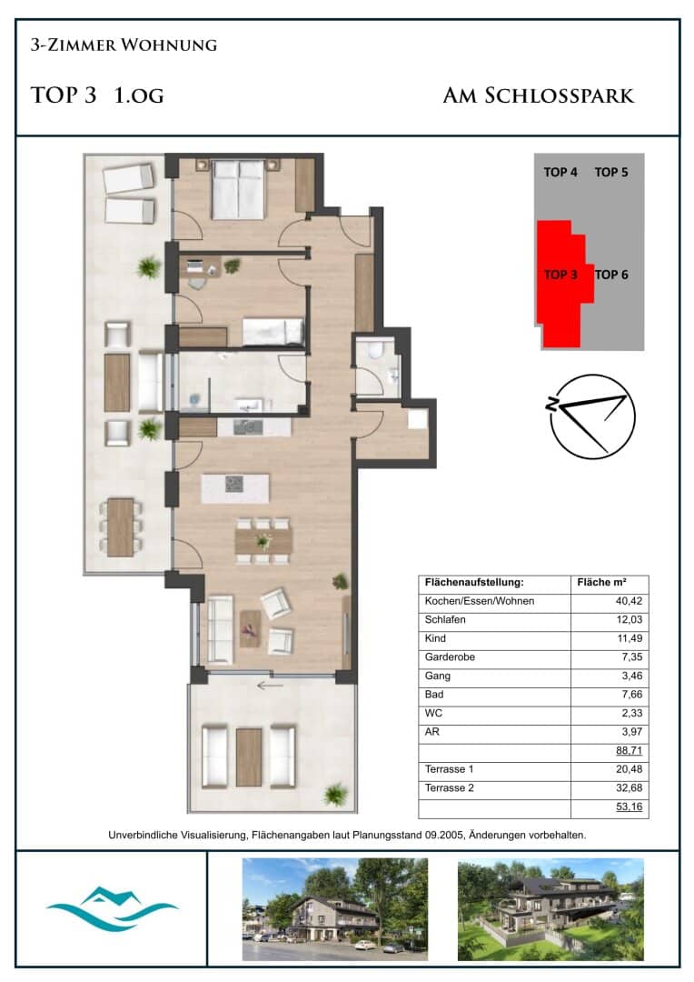 Apartment at Schlosspark Attersee with lake view and two terraces