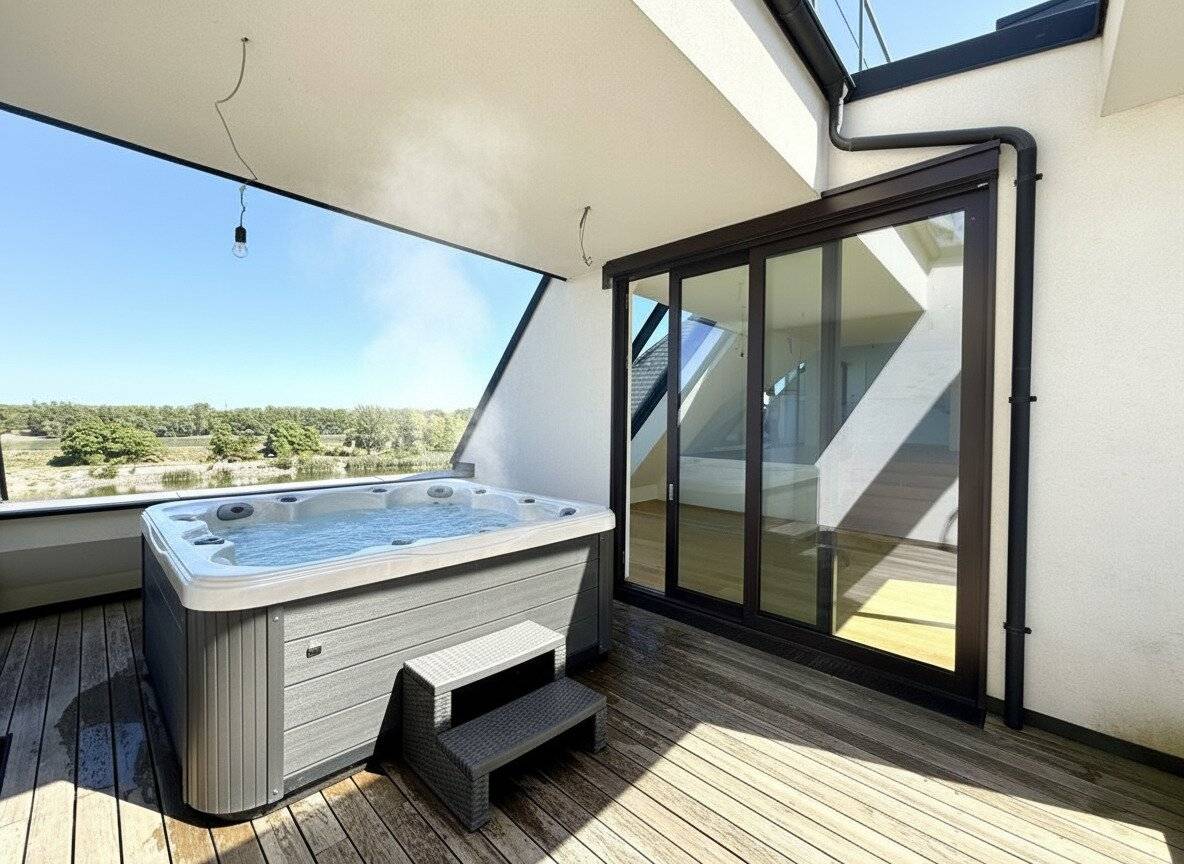 Top floor apartment by the water with jetty