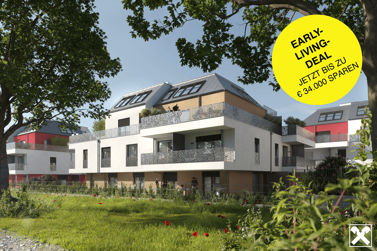 New build apartment with terrace in quiet green