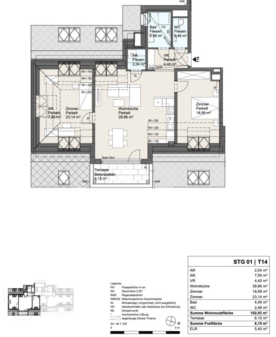 Wohnung in Wien Floridsdorf: 3 Zimmer, ca. 103 m², Terrasse