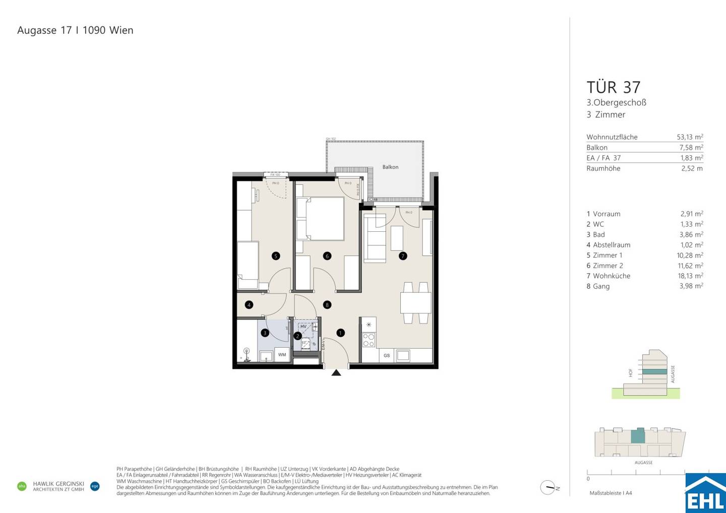 Vorsorgewohnung in Wien 9., Augasse – 53,13 m², Balkon, 3 Zimmer