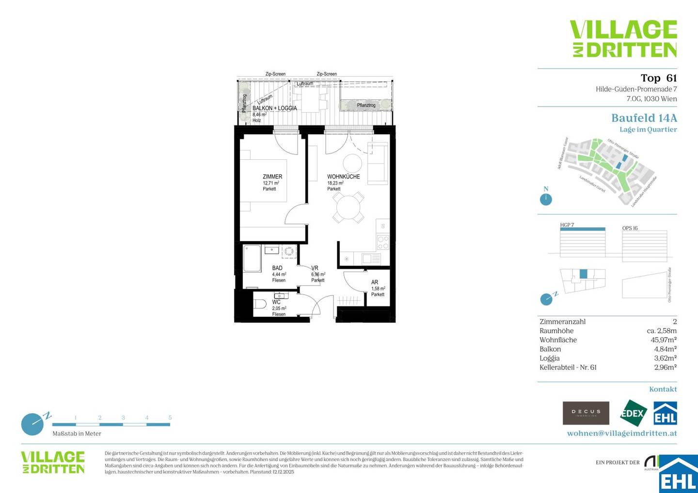 Wien 1030 – Helle 2-Zimmer-WWohnung mit Balkon im Village im Dritten