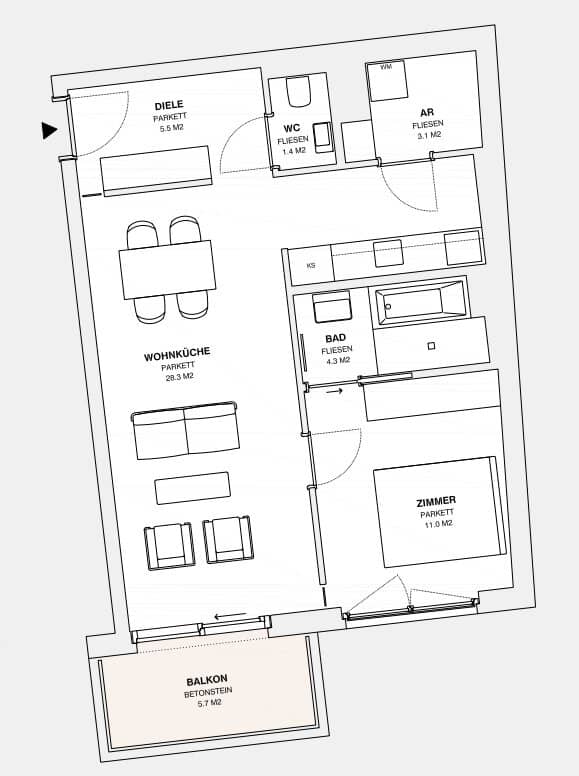 Helle 2-Zimmer-Neubauwohnung mit Balkon in Mariahilf, Wien zentral
