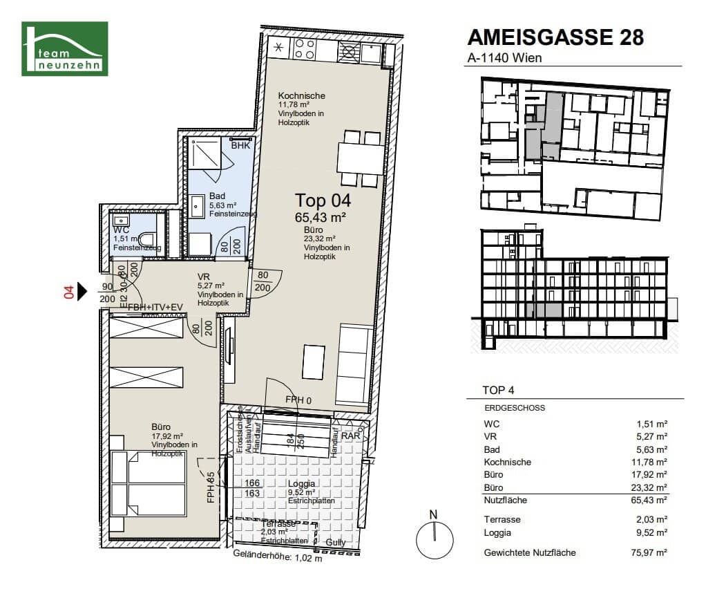 First-occupancy office or practice with large courtyard loggia, included kitchen and top-quality fittings near Schönbrunn
